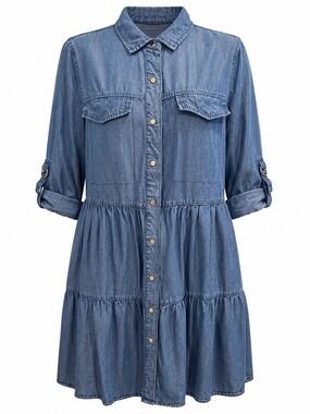 Tribal Jeans Lyocell Chambray Tiered Shirt Dress P/S Small